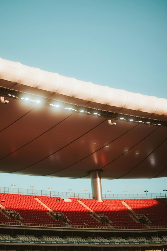 The modern stadium roof captured during sunset in Guadalajara, México.
